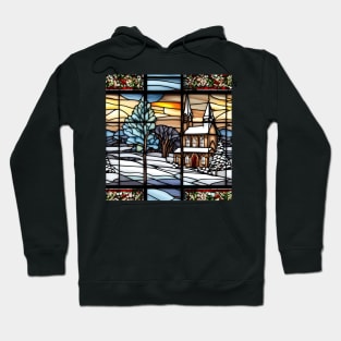 Stained glass panel of country church in Winter Hoodie